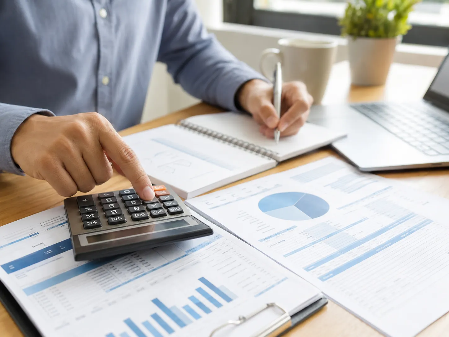 Business owner calculating credit card processing costs and effective rate using financial reports and a calculator.