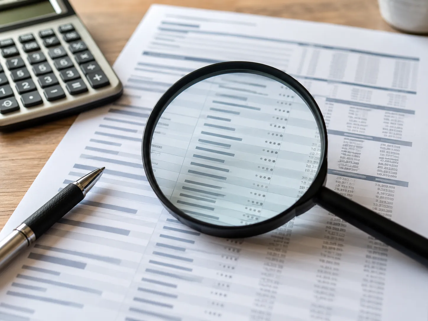 Close-up of a merchant statement being examined with a magnifying glass to identify processing fees.