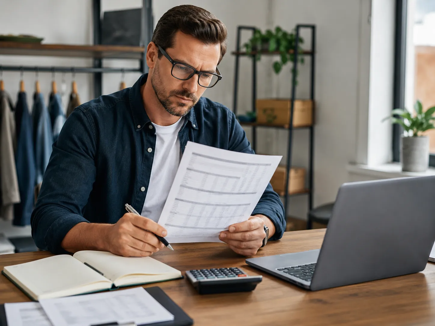 Business owner reviewing a merchant statement and comparing processing charges at a desk.