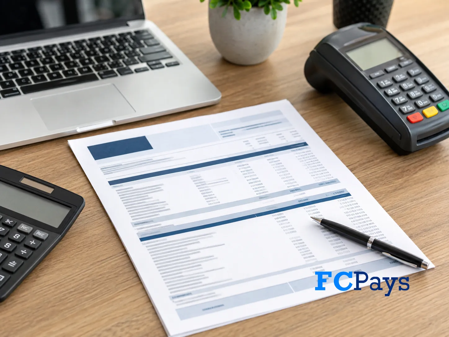 Merchant processing statement on a desk beside a laptop, calculator, and payment terminal.