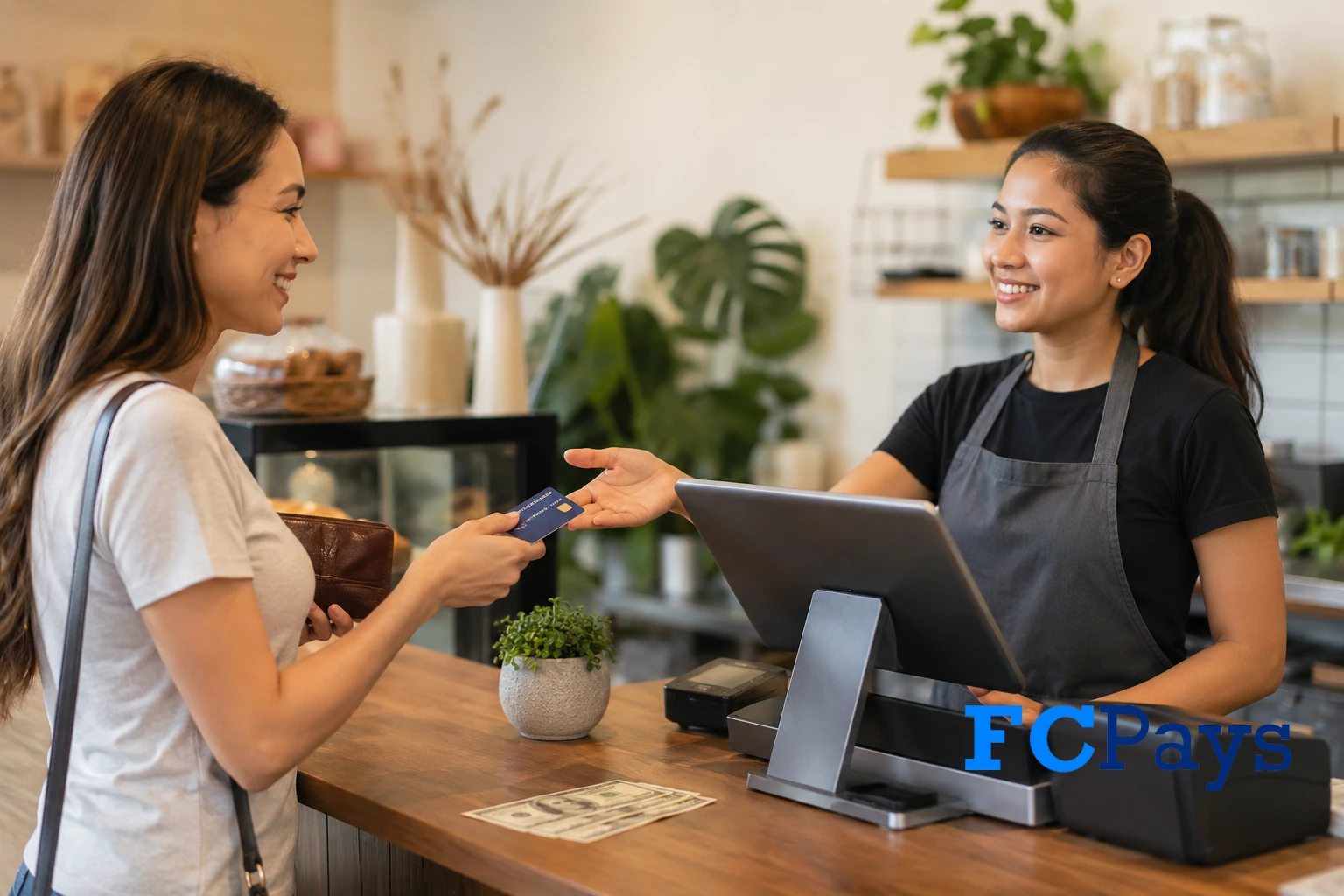 Customer paying by credit card at a small business checkout using a modern POS terminal.