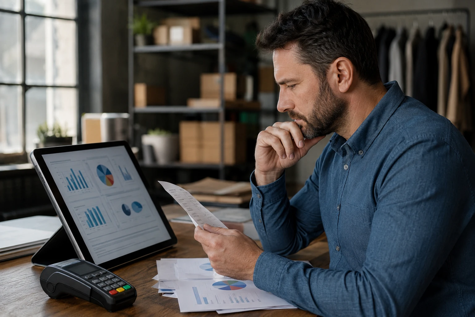 Merchant reviewing payment processing reports and transaction history beside a card terminal and financial dashboard.
