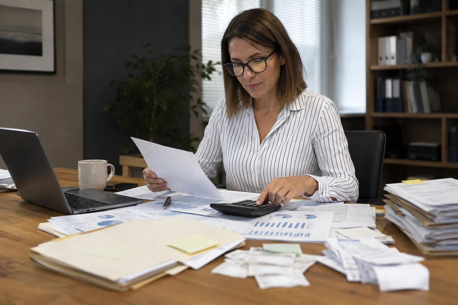 Business owner reviewing financial statements and using a calculator during merchant account underwriting preparation.