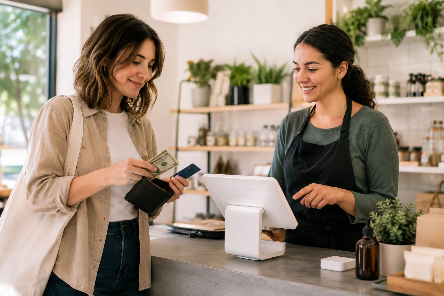 Customer choosing a payment method while completing a purchase at a small business.