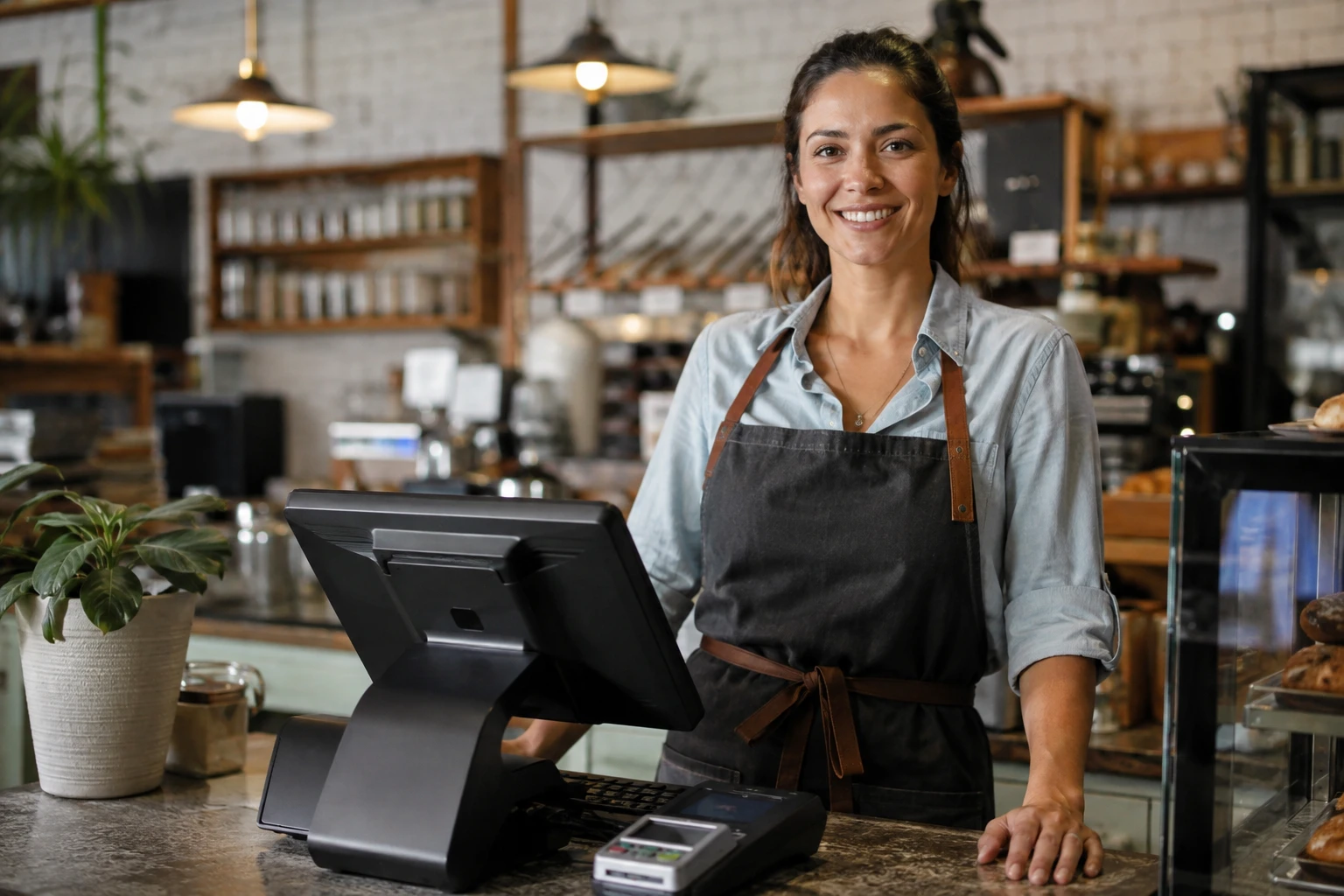 Small business owner using a modern payment processing system at the checkout counter.