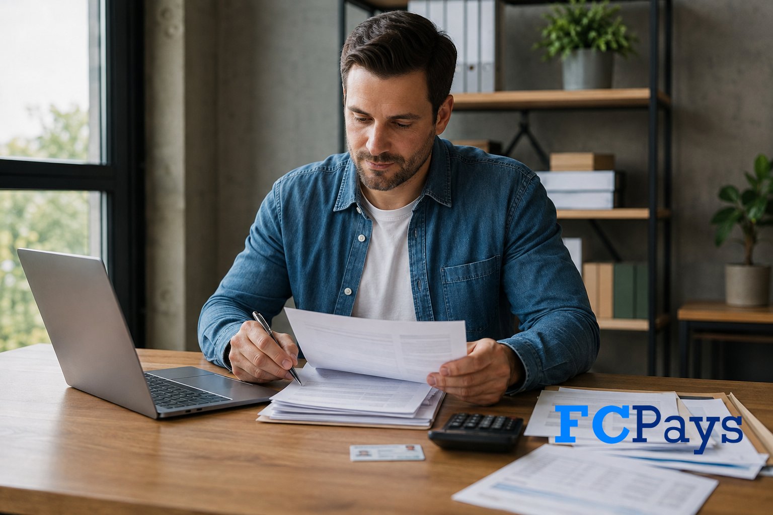 Business owner reviewing merchant account application documents, bank statements, and identification at a desk.