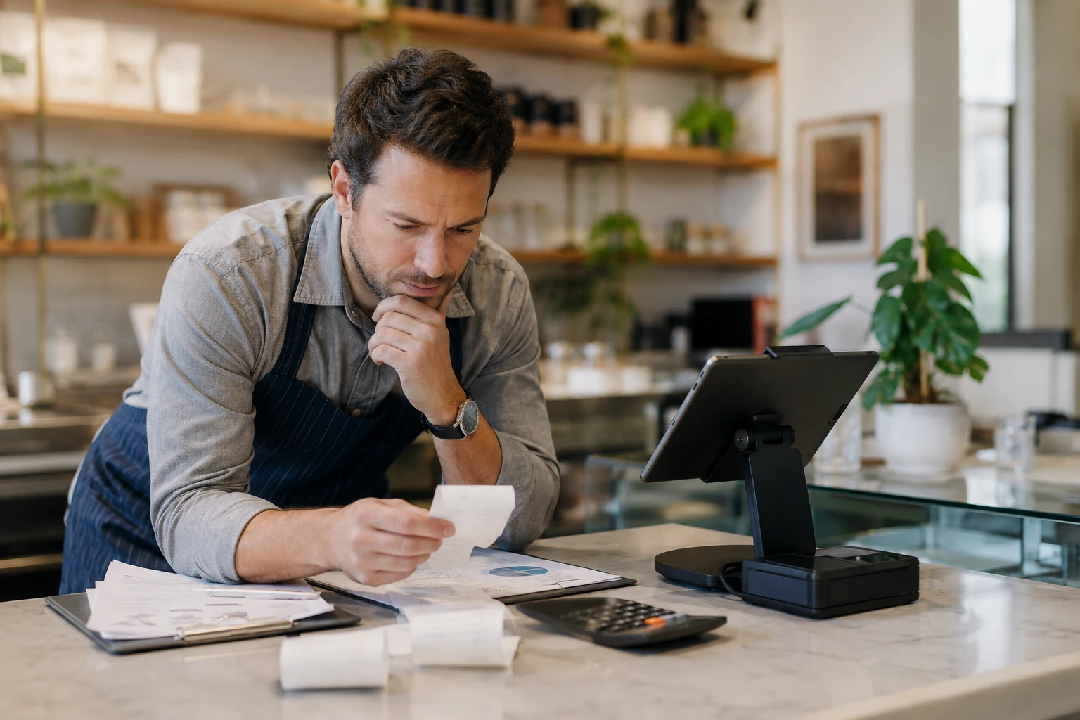 Business owner reviewing credit card payment options and processing costs at a POS system.