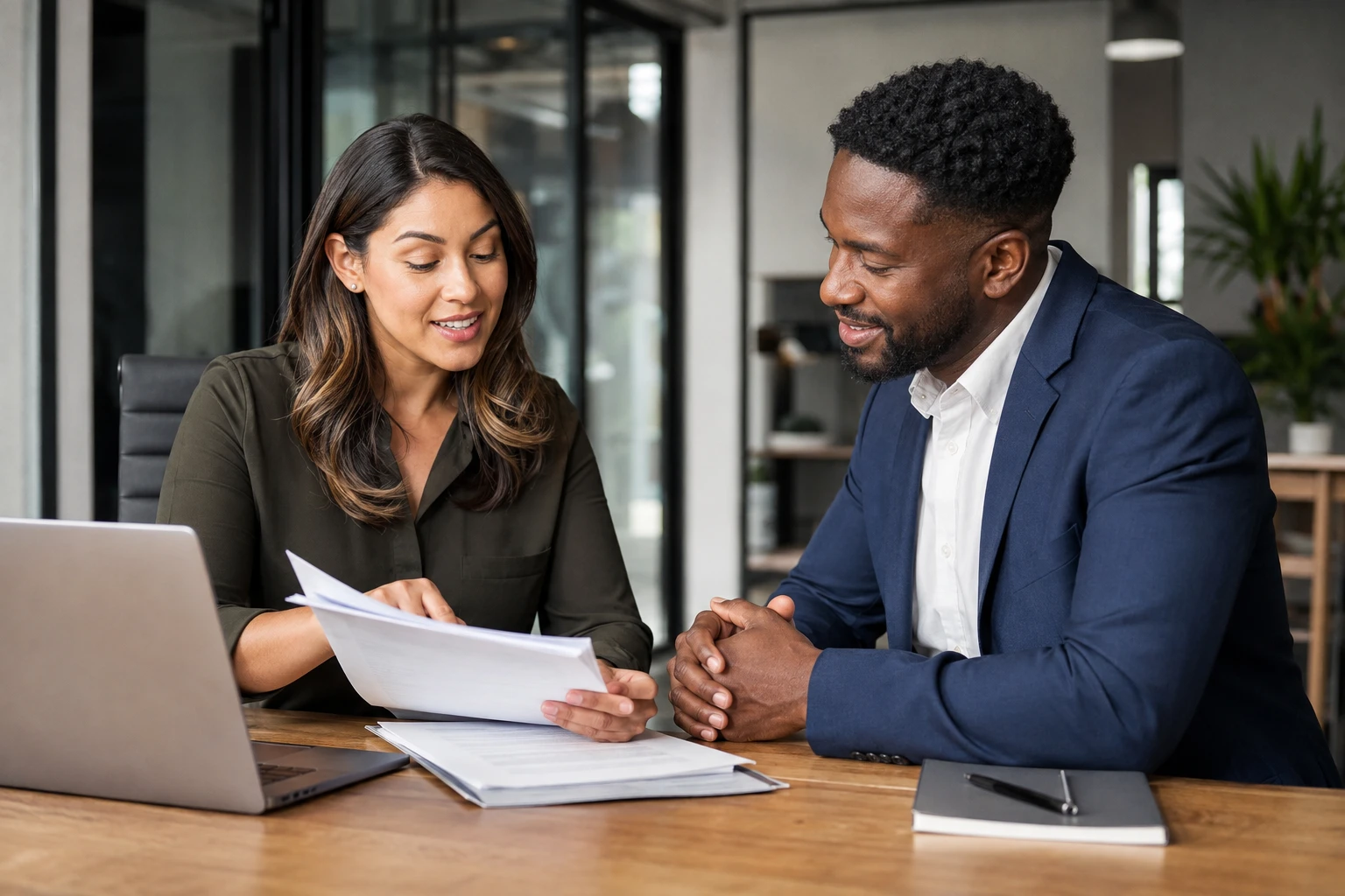 Payment processing advisor reviewing merchant account paperwork with a business owner during an underwriting consultation.