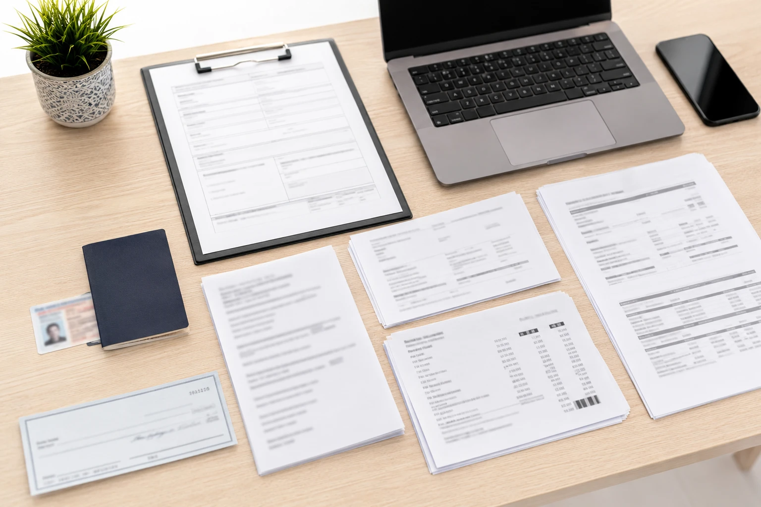 High risk merchant account documents including business records, bank statements, ID, check, and laptop arranged on a desk.