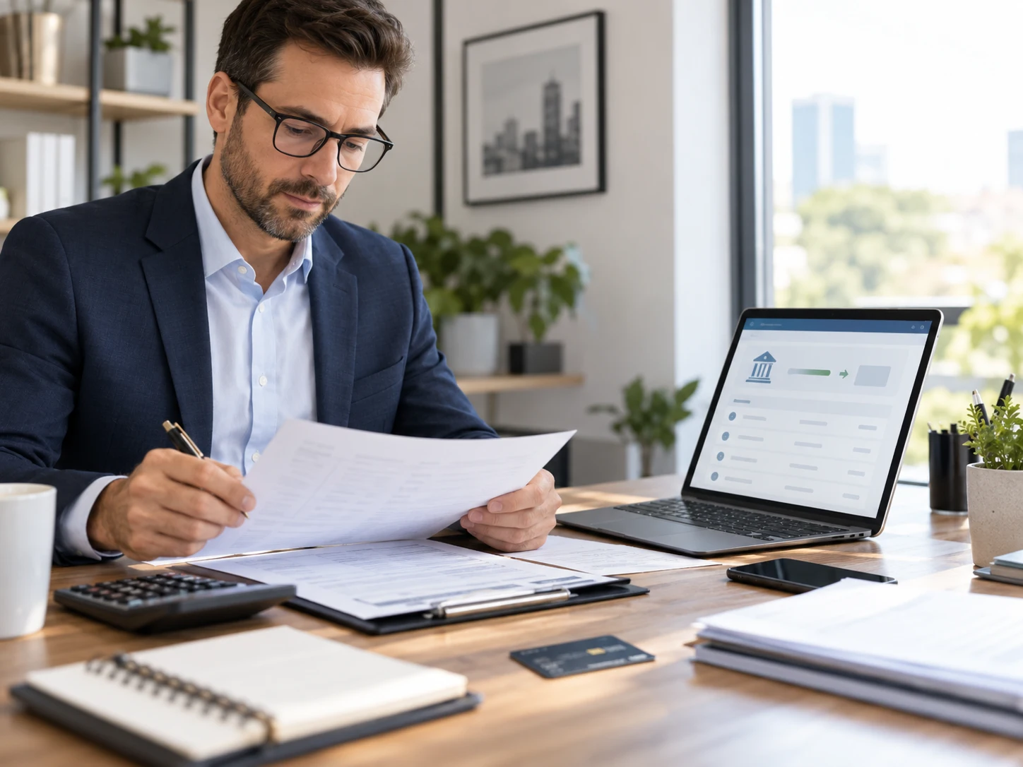 Business professional reviewing ACH payment documents and a digital bank transfer workflow on a laptop.