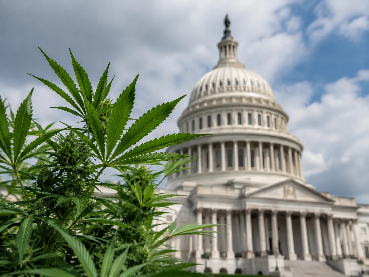 Cannabis plant in front of the U.S. Capitol representing federal cannabis banking and regulatory changes.