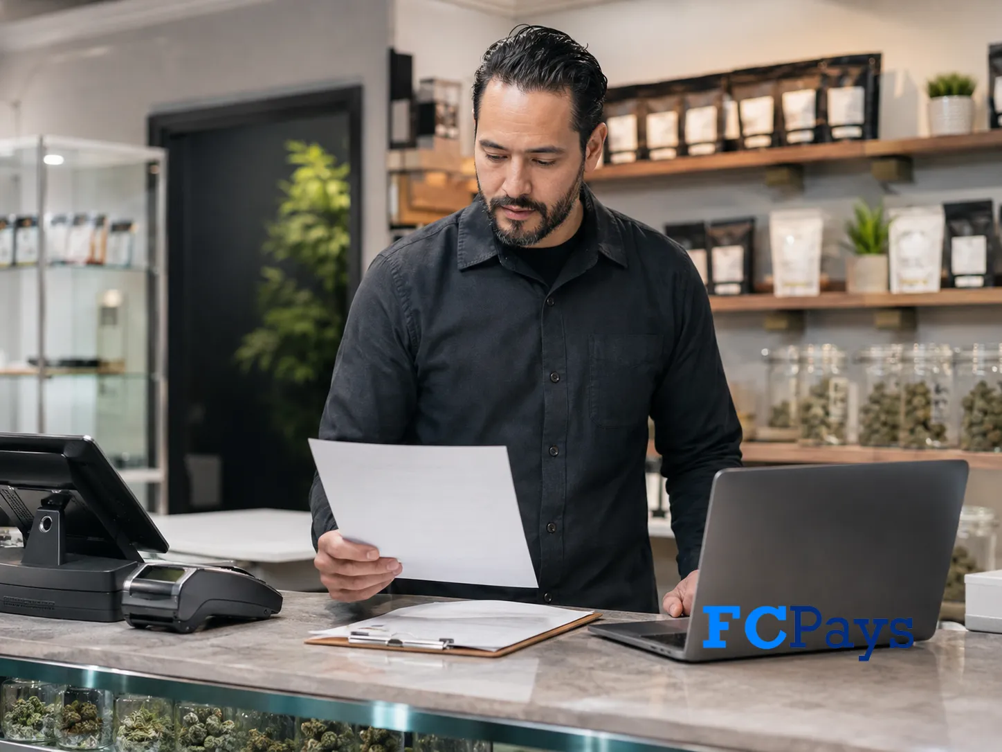 Cannabis dispensary owner reviewing merchant account paperwork at checkout counter