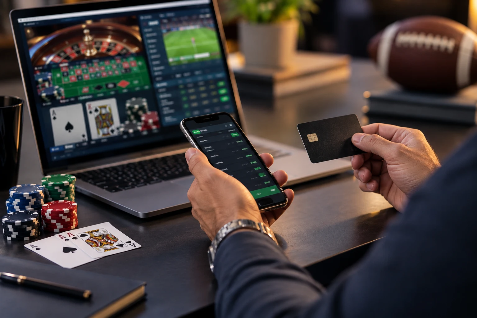 Online gambling payment setup with casino games, sports betting, poker chips, and a credit card at a desk.