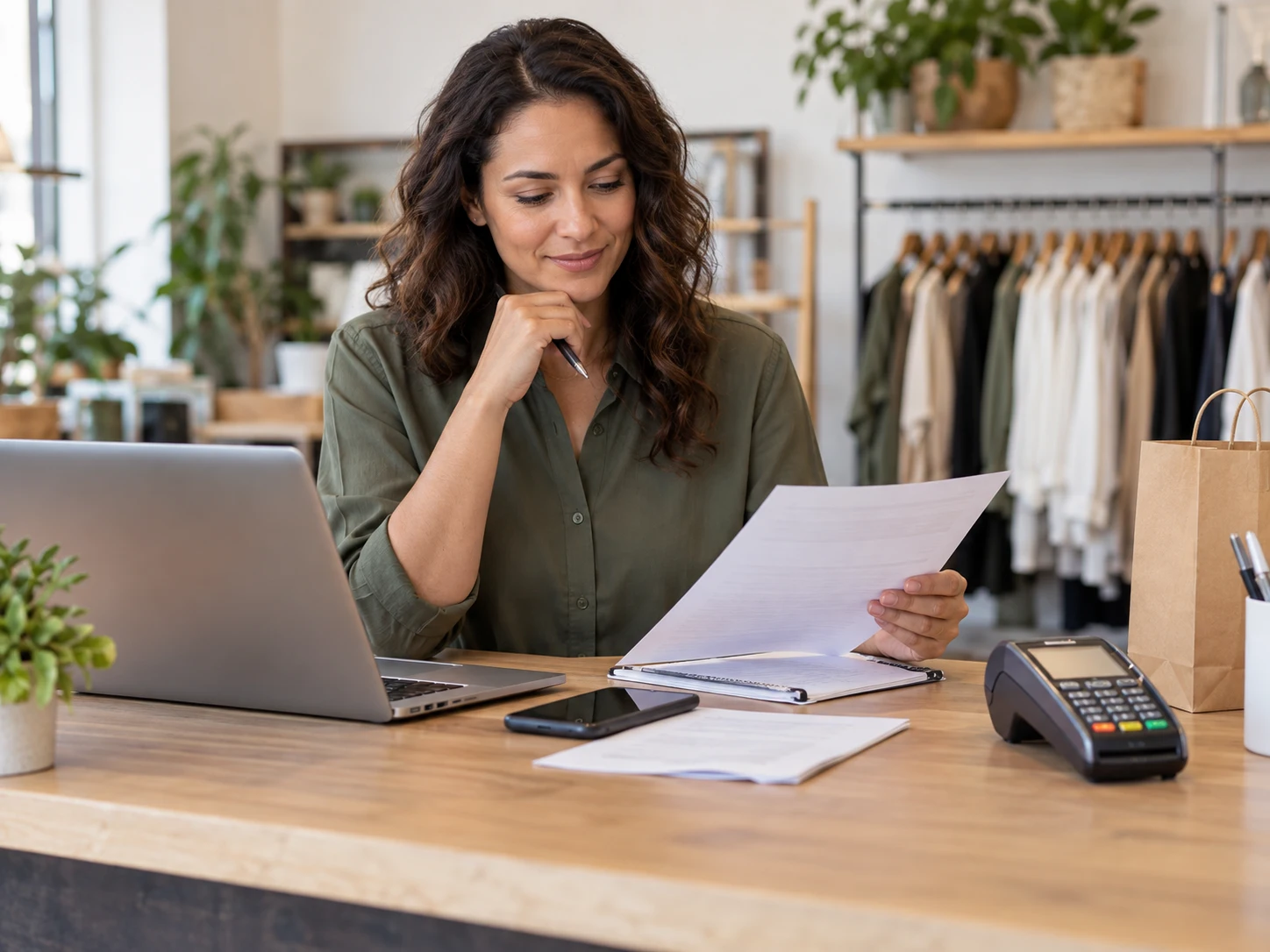 Small business owner reviewing paperwork at a checkout desk with a laptop and payment terminal.