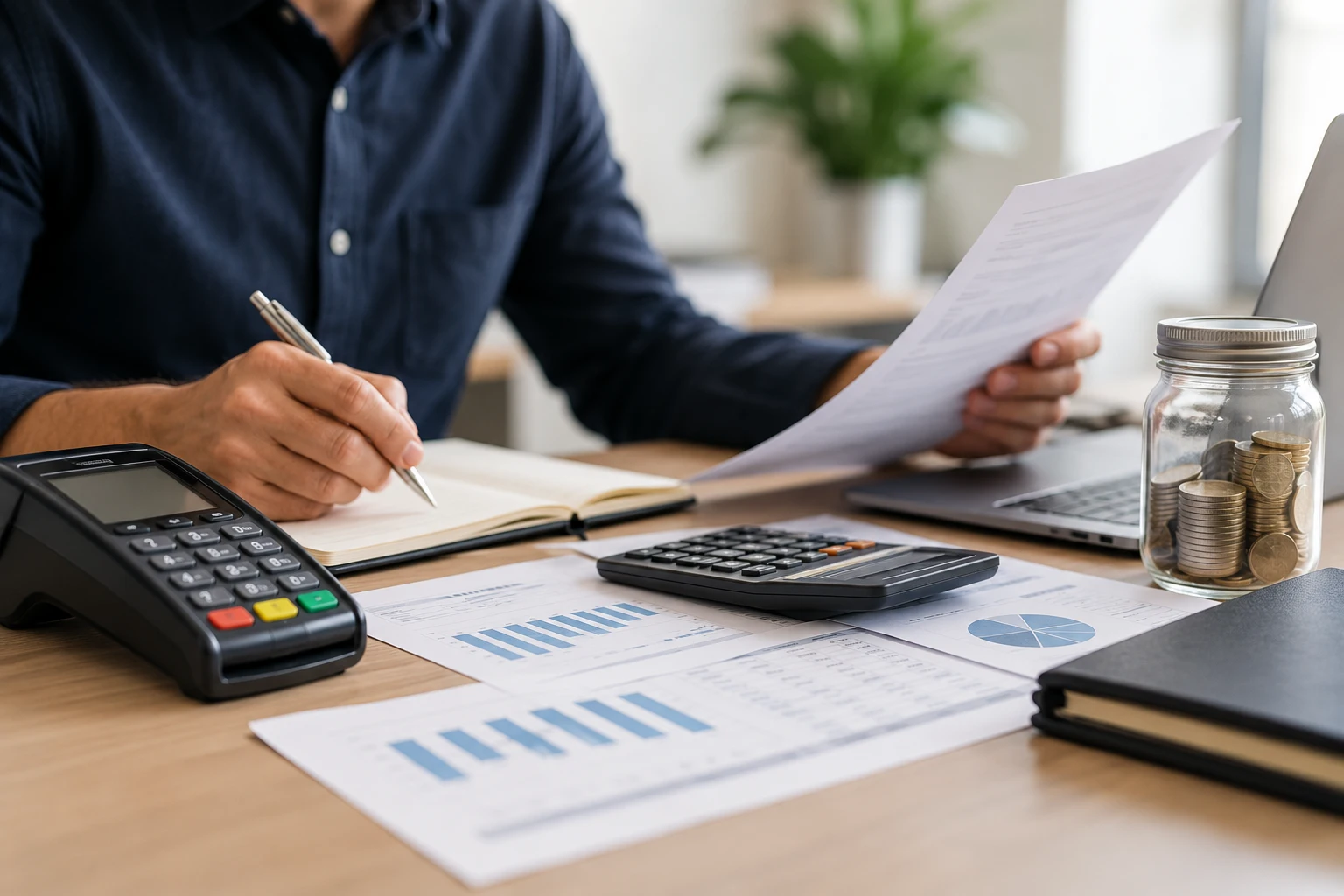 Business owner reviewing high-risk merchant account documents beside a payment terminal, calculator, and laptop.