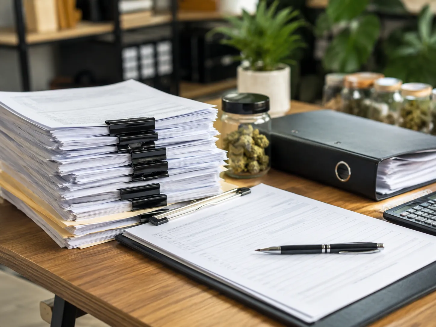 Cannabis business compliance and underwriting documents organized on a desk with product jars in the background.