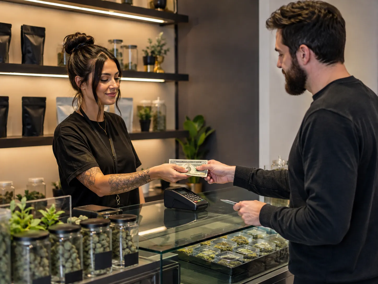 Customer paying with cash at a cannabis dispensary checkout counter with a card terminal nearby.