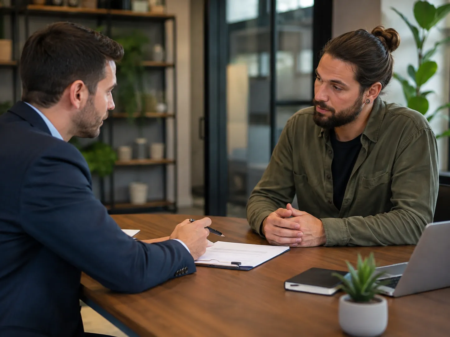 Cannabis business owner meeting with a payment processing specialist to review merchant account requirements.